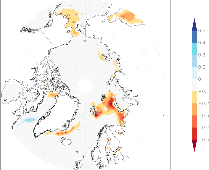 sea ice concentration (Arctic) anomaly spring (March-May)  w.r.t. 1981-2010