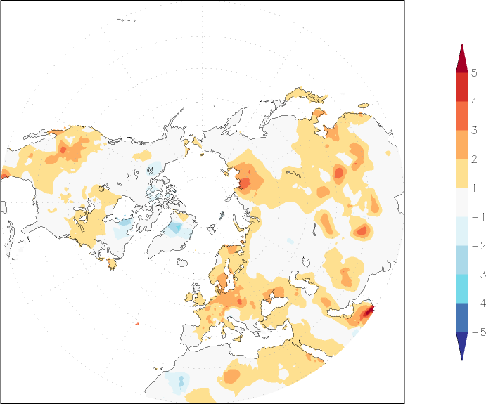 temperature (2m height, northern hemisphere) anomaly summer (June-August)  w.r.t. 1981-2010