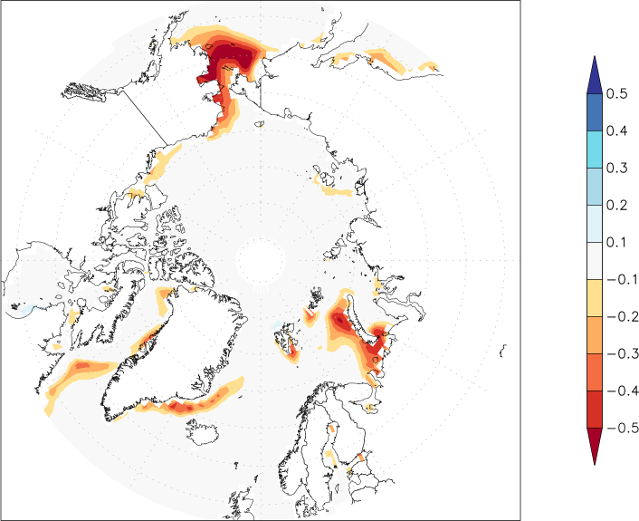 sea ice concentration (Arctic) anomaly spring (March-May)  w.r.t. 1981-2010