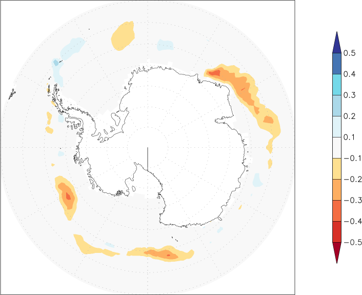 sea ice concentration (Antarctic) anomaly summer (June-August)  w.r.t. 1981-2010