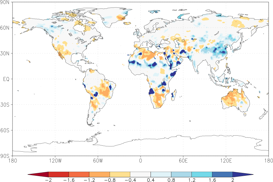 precipitation (rain gauges) anomaly summer (June-August)  relative anomalies  (-1: dry, 0: normal, 2: three times normal)