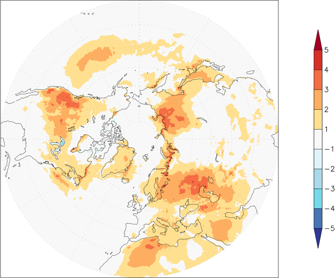 temperature (2m height, northern hemisphere) anomaly summer (June-August)  w.r.t. 1981-2010